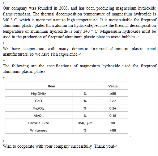 Fireproof alüminyum plastik plaka için kullanılan magnezyum hidroksite giriş